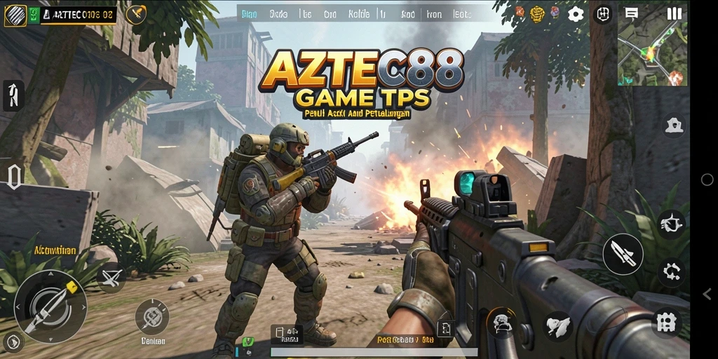 Tangkapan layar utama AZTEC88 menampilkan aksi gameplay TPS yang mendebarkan.
