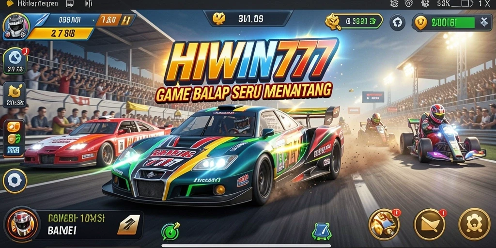 Tampilan gameplay HIWIN777 dengan mobil balap yang sedang melaju kencang.