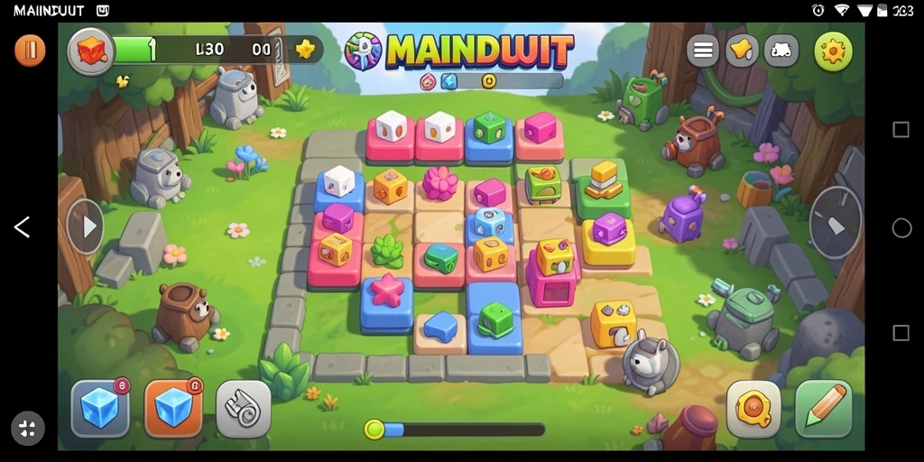 Screenshot gameplay MAINDUIT menampilkan tingkat kesulitan teka-teki yang menarik.