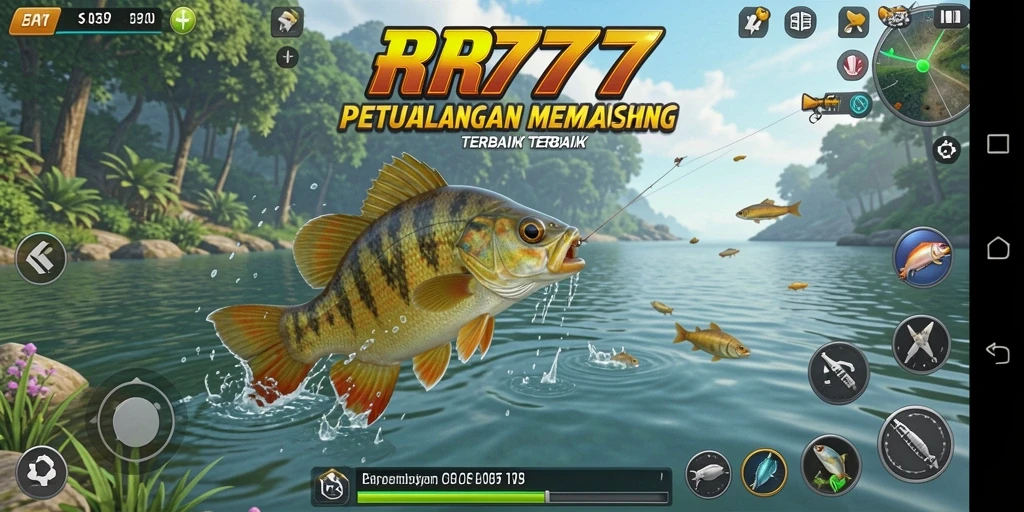 Screenshot gameplay RR777 dengan aksi memancing yang seru dan seru.